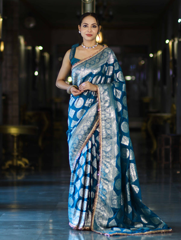 Banarasee Handloom Semi Silk Saree With Buta Design Zari Border & Lace-Teal Blue