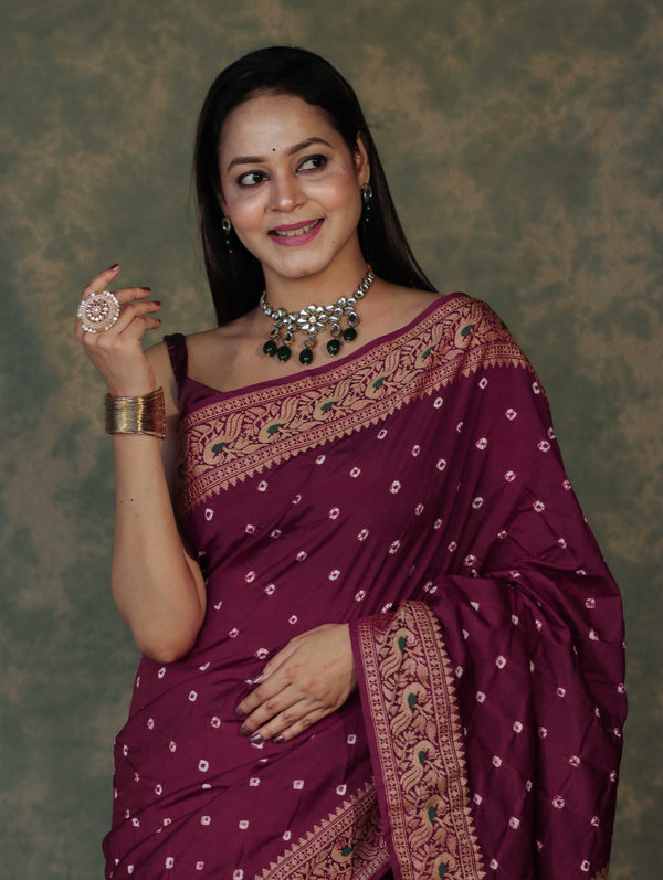 Banarasee Handloom Semi Silk Bandhej Saree With Broad Zari Floral Border-Violet