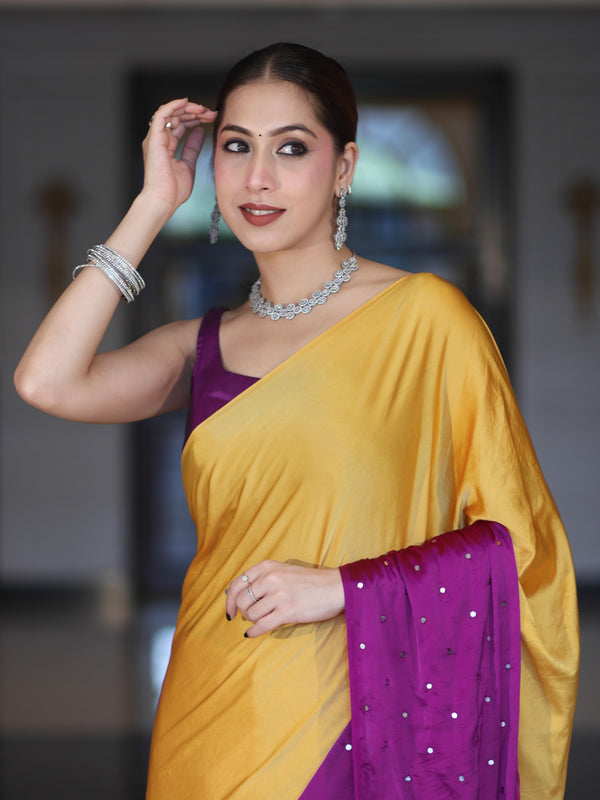Banarasee Handloom Satin Hand Dyed Saree With Mirror Work-Mustard Yellow & Violet