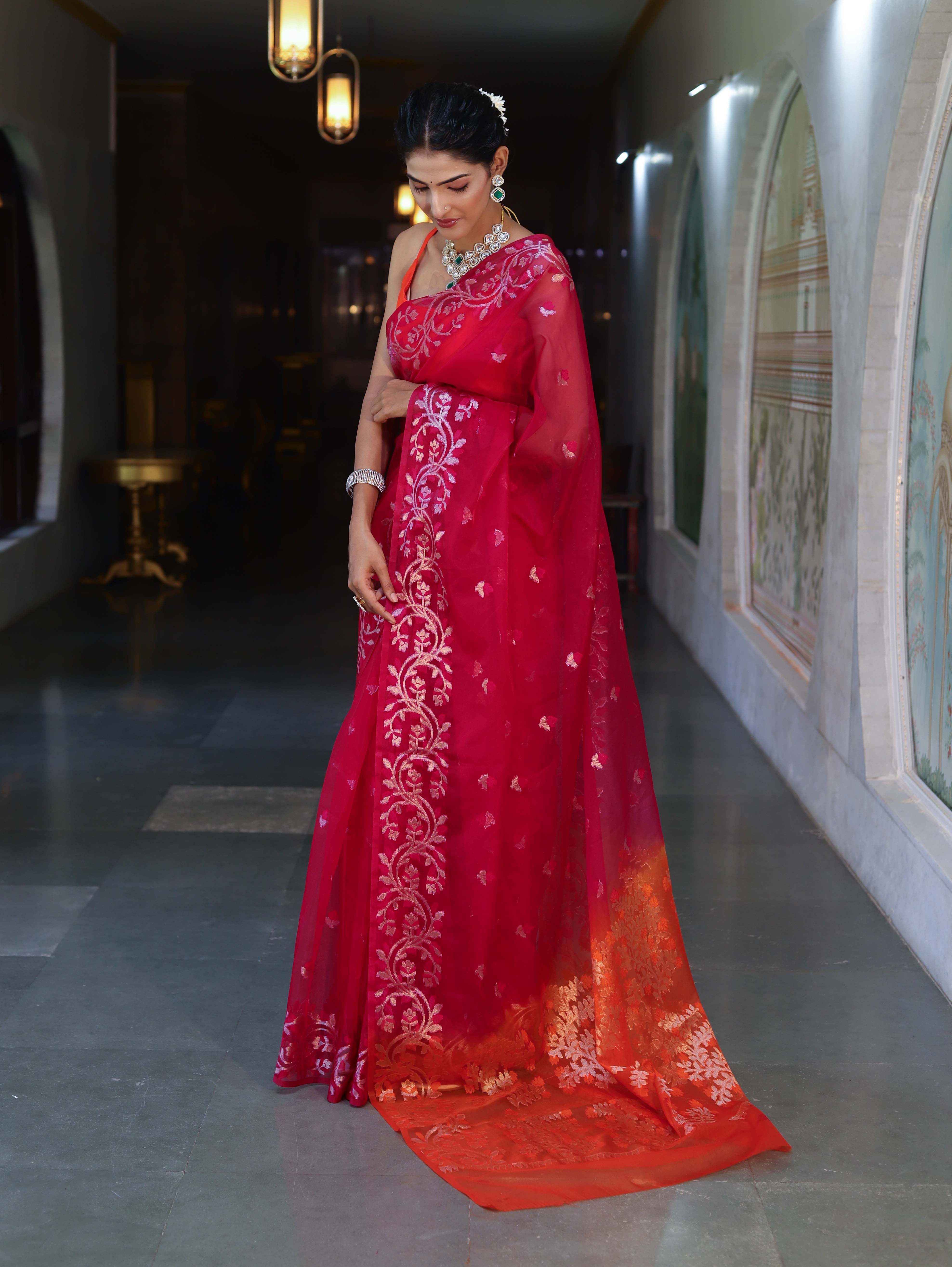 Banarasee Dual Color Organza Mix Saree With Zari & Resham Work-Hot Pink & Orange