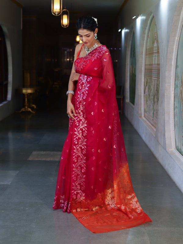 Banarasee Dual Color Organza Mix Saree With Zari & Resham Work-Hot Pink & Orange