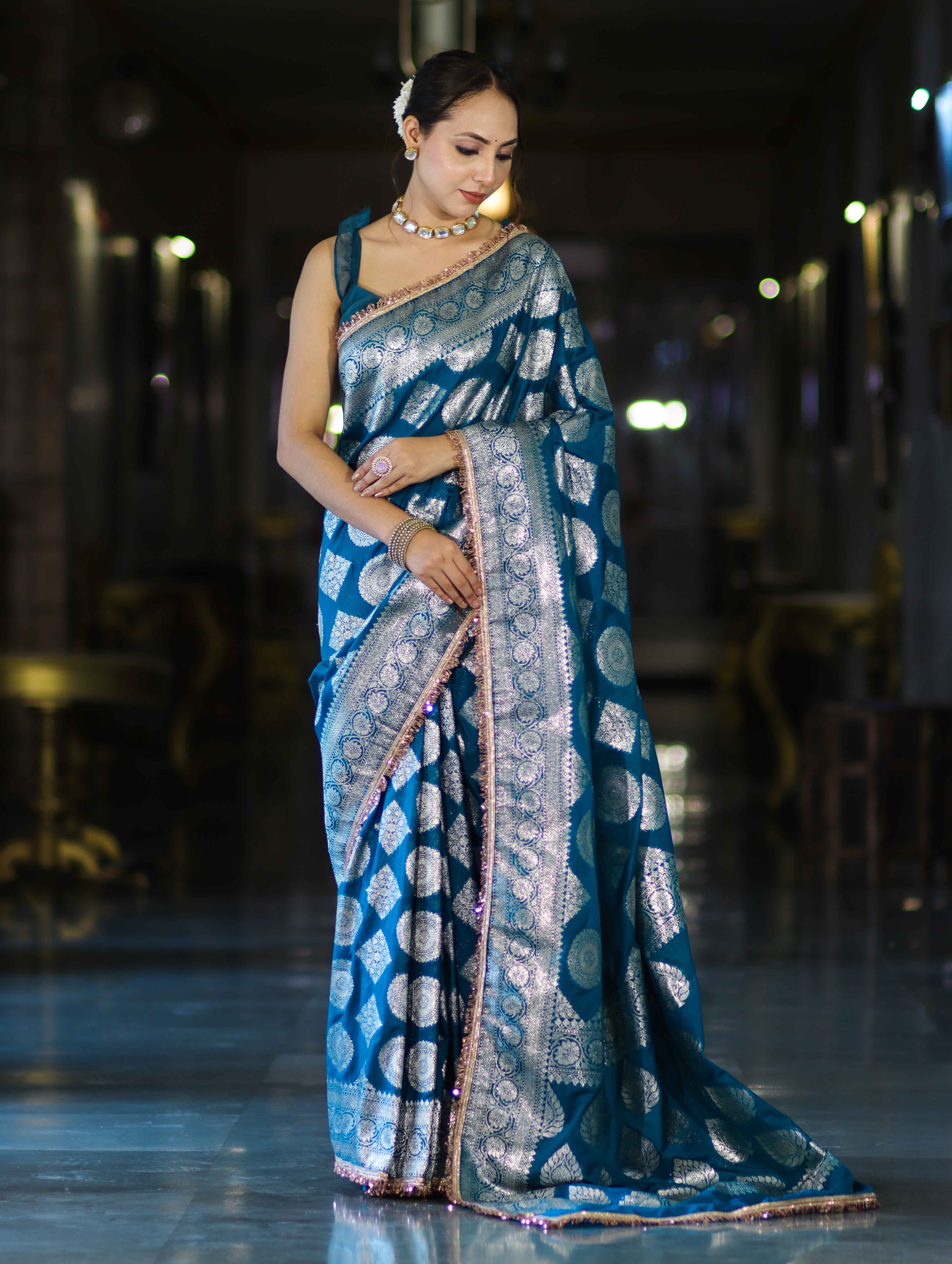 Banarasee Handloom Semi Silk Saree With Buta Design Zari Border & Lace-Teal Blue