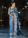 Banarasee Handloom Semi Silk Saree With Buta Design Zari Border & Lace-Teal Blue