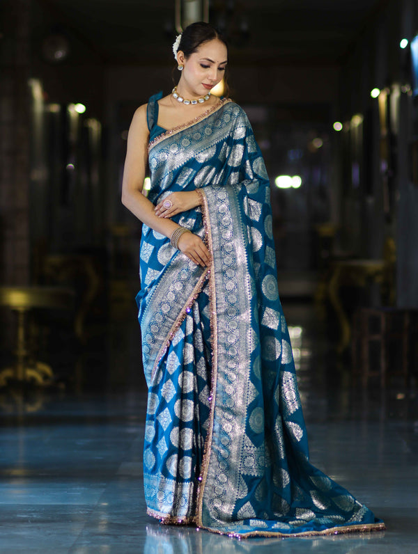 Banarasee Handloom Semi Silk Saree With Buta Design Zari Border & Lace-Teal Blue