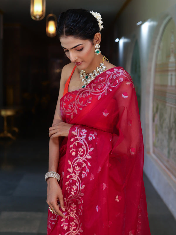 Banarasee Dual Color Organza Mix Saree With Zari & Resham Work-Hot Pink & Orange