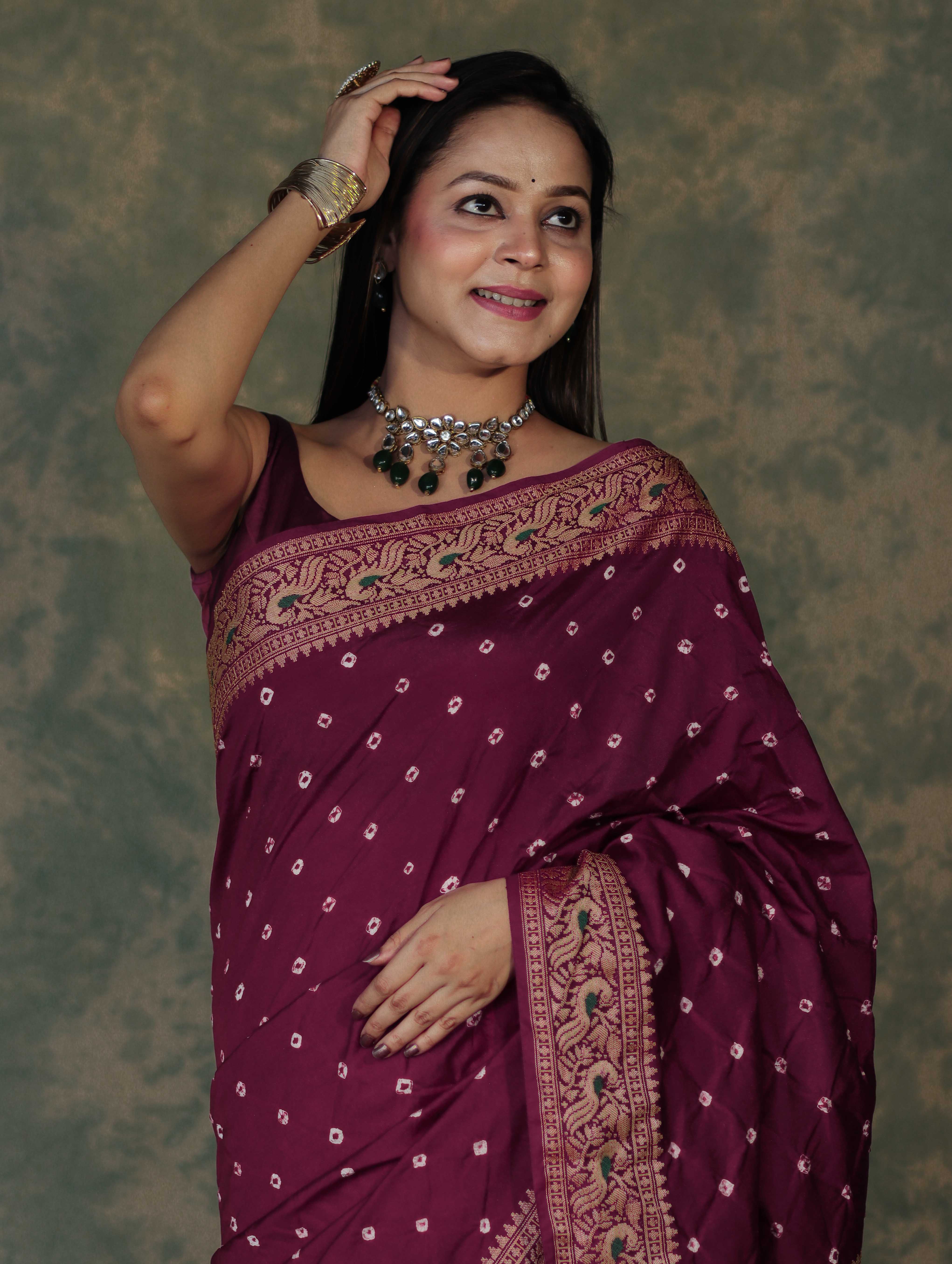 Banarasee Handloom Semi Silk Bandhej Saree With Broad Zari Floral Border-Violet