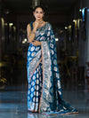 Banarasee Handloom Semi Silk Saree With Buta Design Zari Border & Lace-Teal Blue