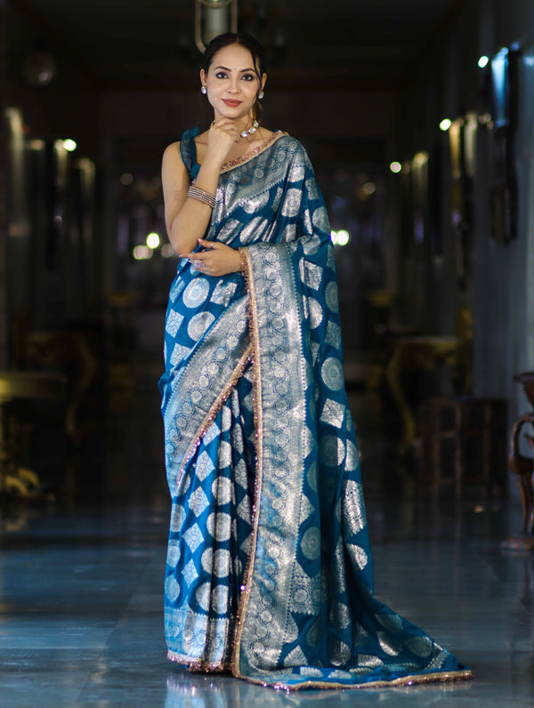 Banarasee Handloom Semi Silk Saree With Buta Design Zari Border & Lace-Teal Blue