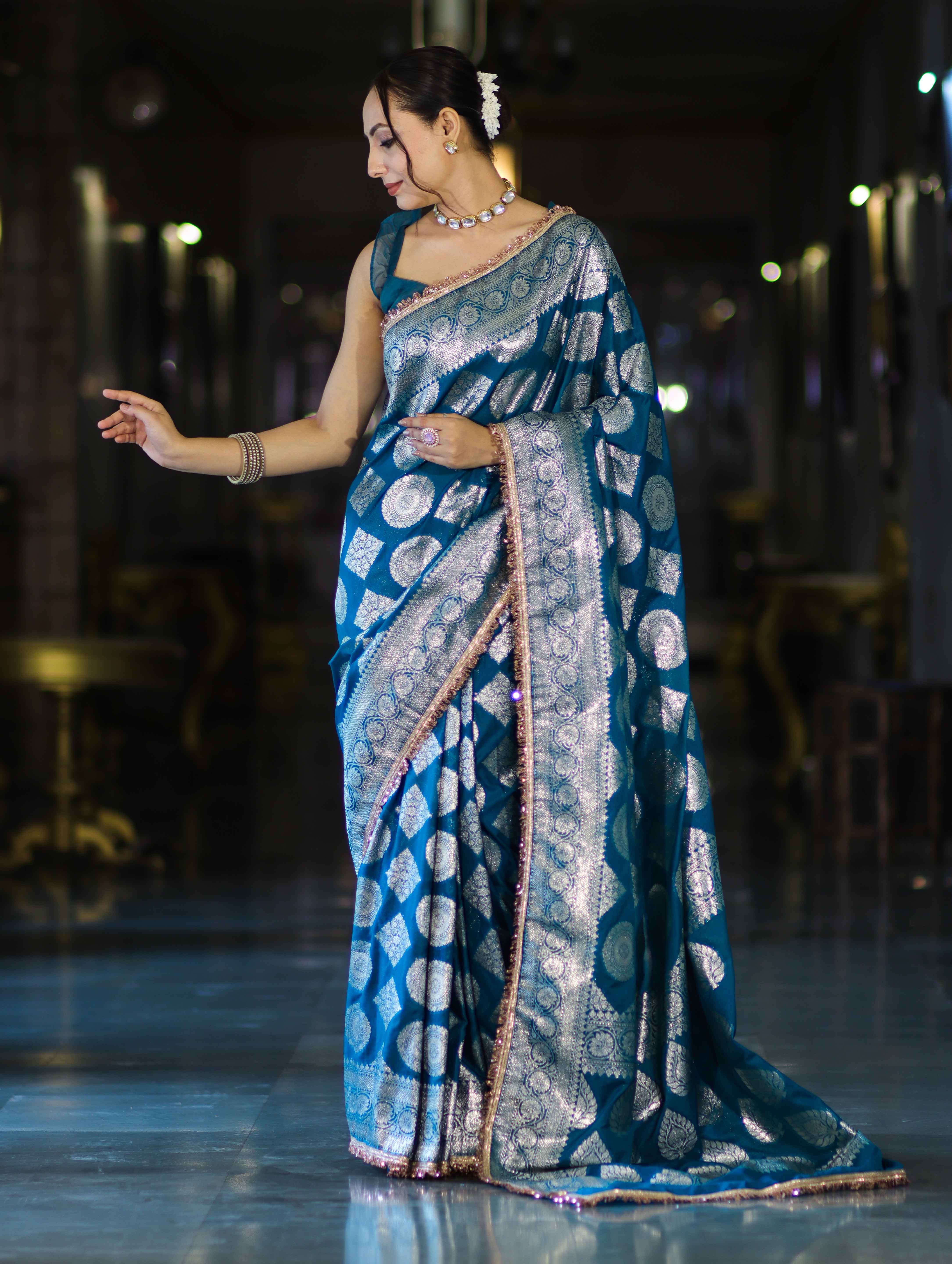 Banarasee Handloom Semi Silk Saree With Buta Design Zari Border & Lace-Teal Blue