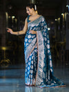Banarasee Handloom Semi Silk Saree With Buta Design Zari Border & Lace-Teal Blue