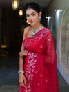 Banarasee Dual Color Organza Mix Saree With Zari & Resham Work-Hot Pink & Orange