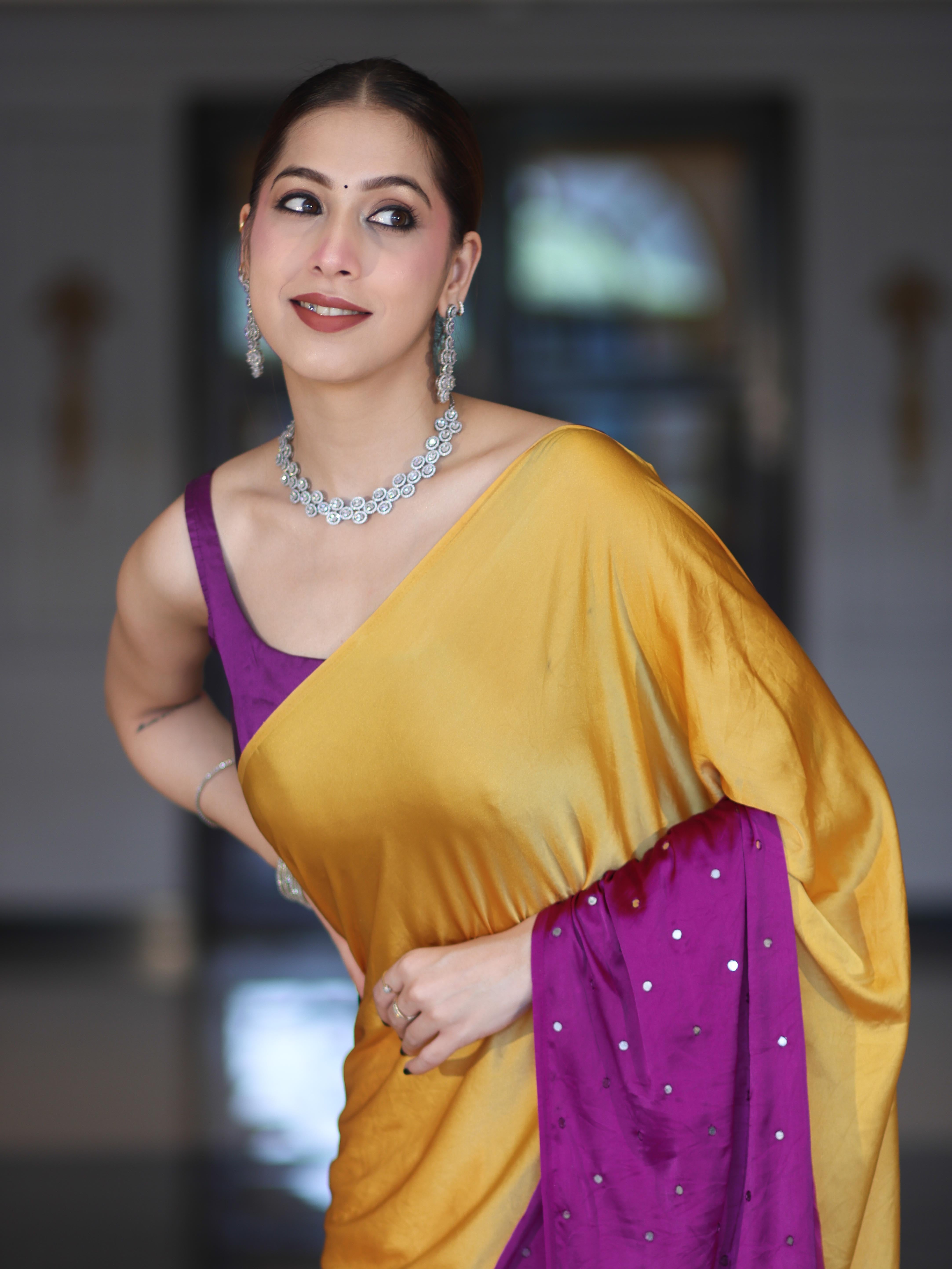 Banarasee Handloom Satin Hand Dyed Saree With Mirror Work-Mustard Yellow & Violet