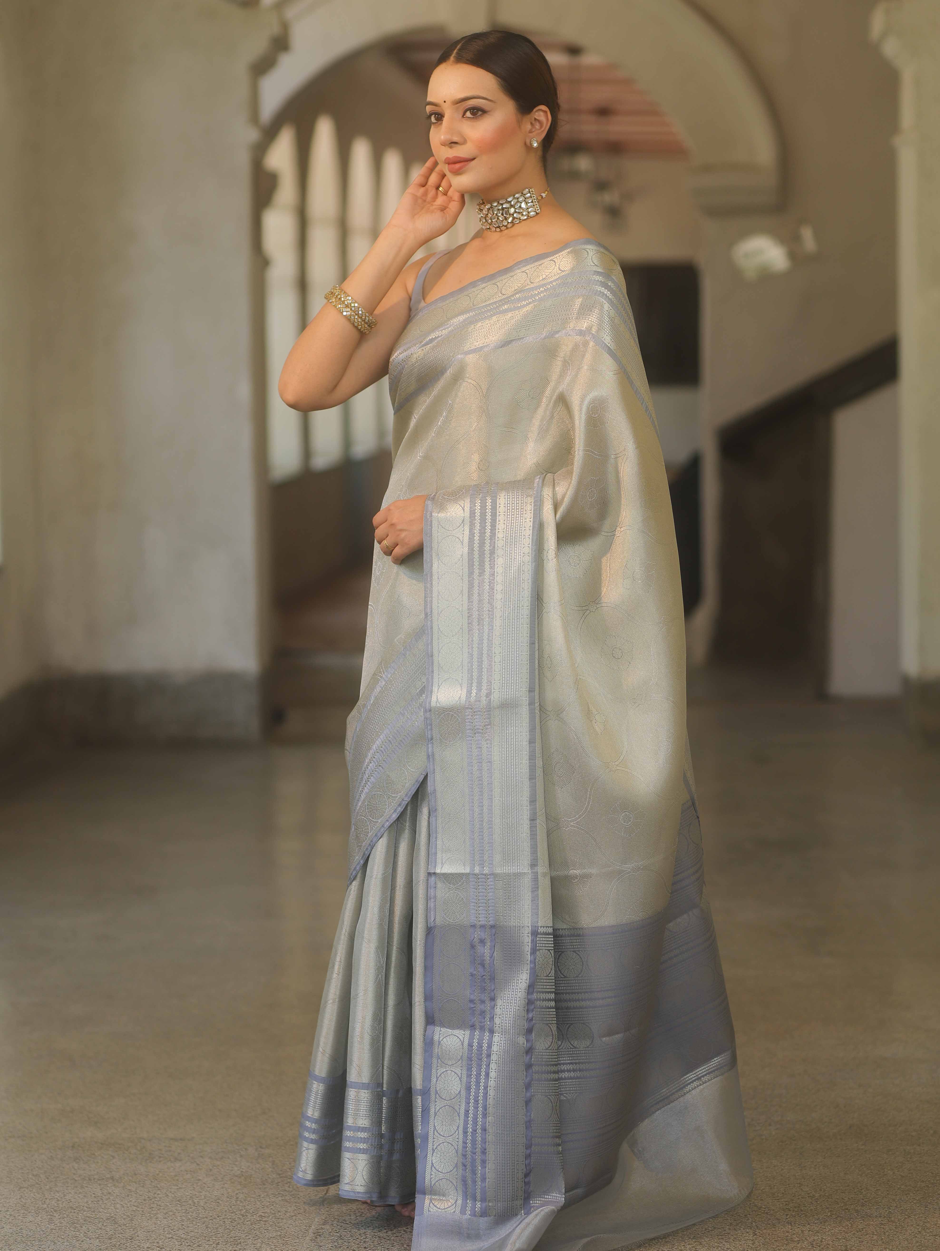Banarasee Handwoven Tissue Saree With Zari Design & Broder-Grey