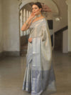 Banarasee Handwoven Tissue Saree With Zari Design & Broder-Grey