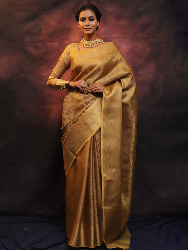 Banarasee Handwoven Tissue Tanchoi Zari Border Saree-Gold