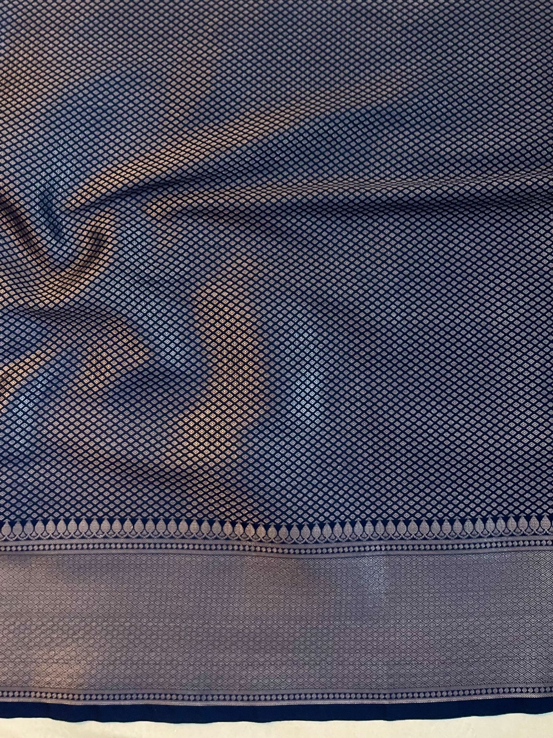 Banarasee Handwoven Semi Silk Saree With Zari Jaal Design & Lace-Navy Blue