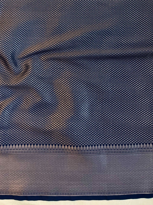 Banarasee Handwoven Semi Silk Saree With Zari Jaal Design & Lace-Navy Blue
