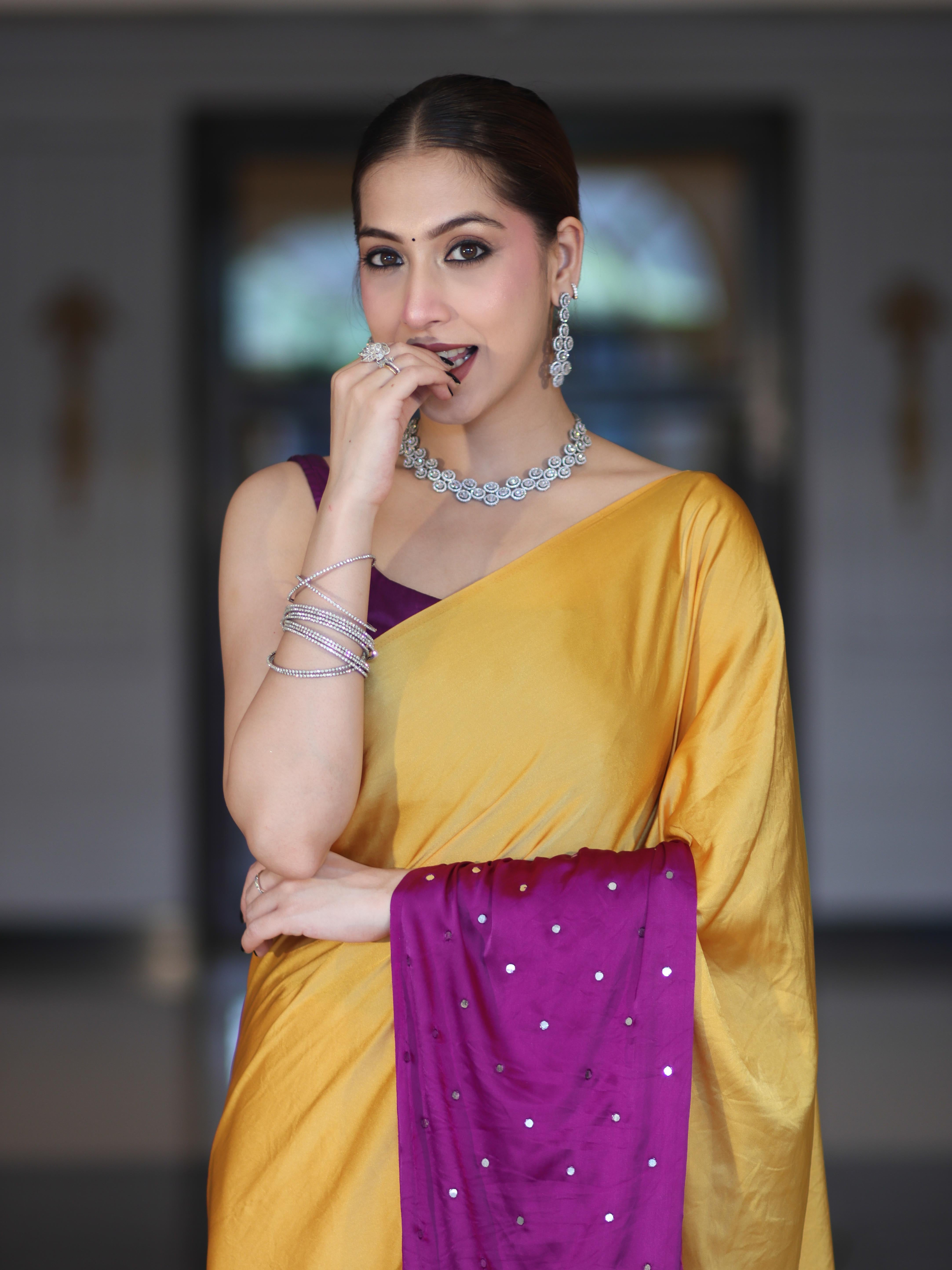 Banarasee Handloom Satin Hand Dyed Saree With Mirror Work-Mustard Yellow & Violet