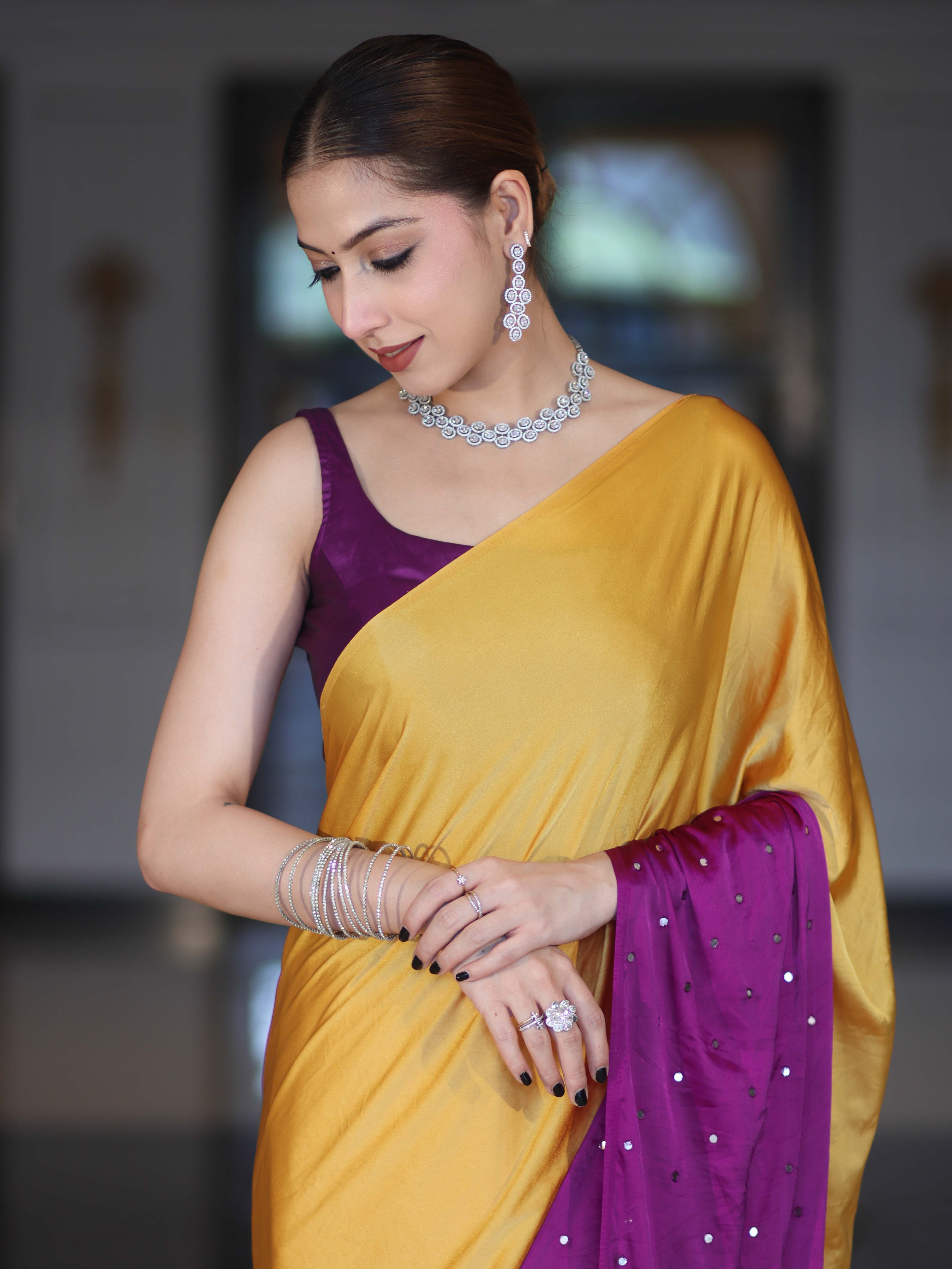 Banarasee Handloom Satin Hand Dyed Saree With Mirror Work-Mustard Yellow & Violet
