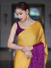 Banarasee Handloom Satin Hand Dyed Saree With Mirror Work-Mustard Yellow & Violet