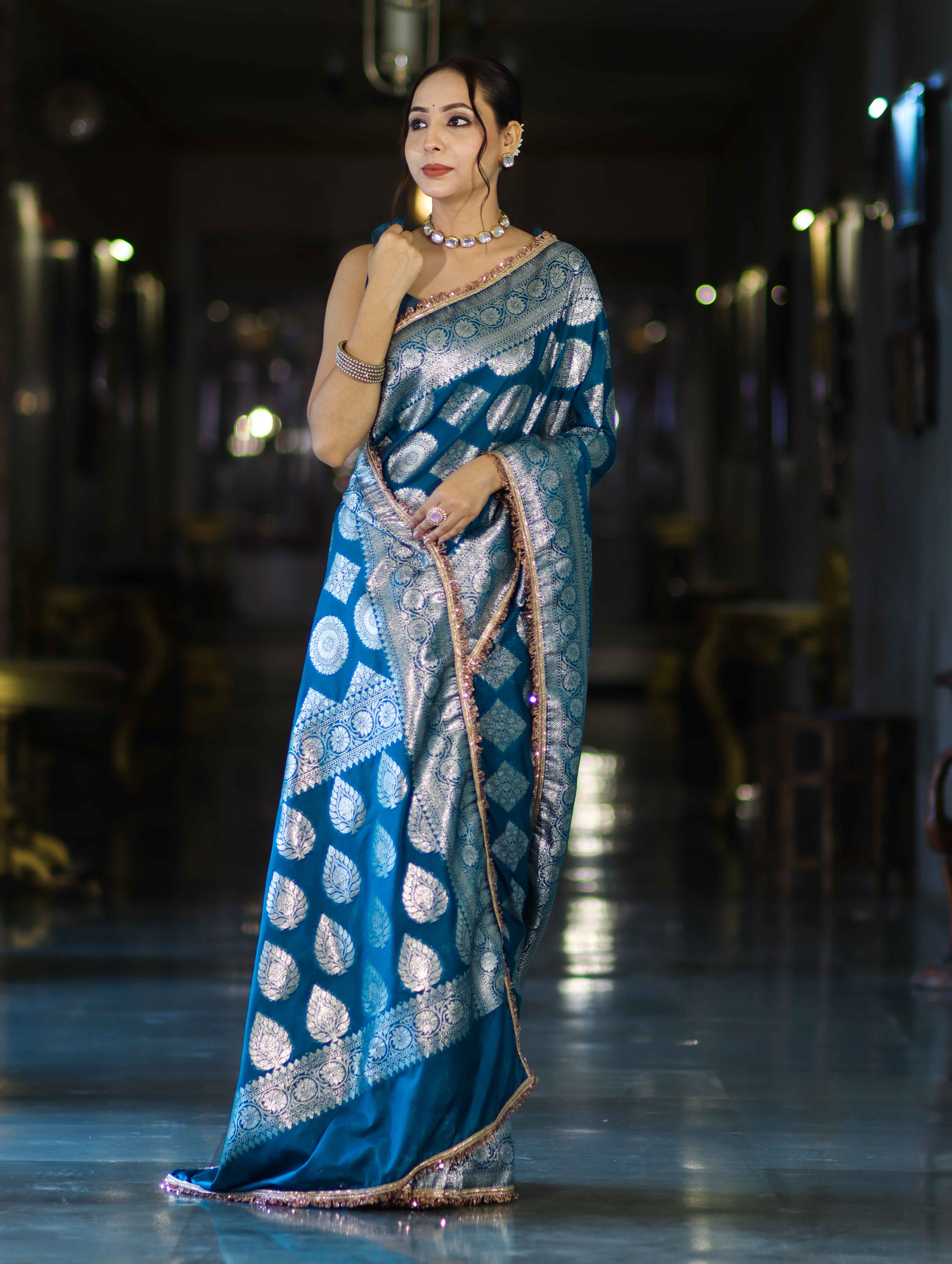 Banarasee Handloom Semi Silk Saree With Buta Design Zari Border & Lace-Teal Blue