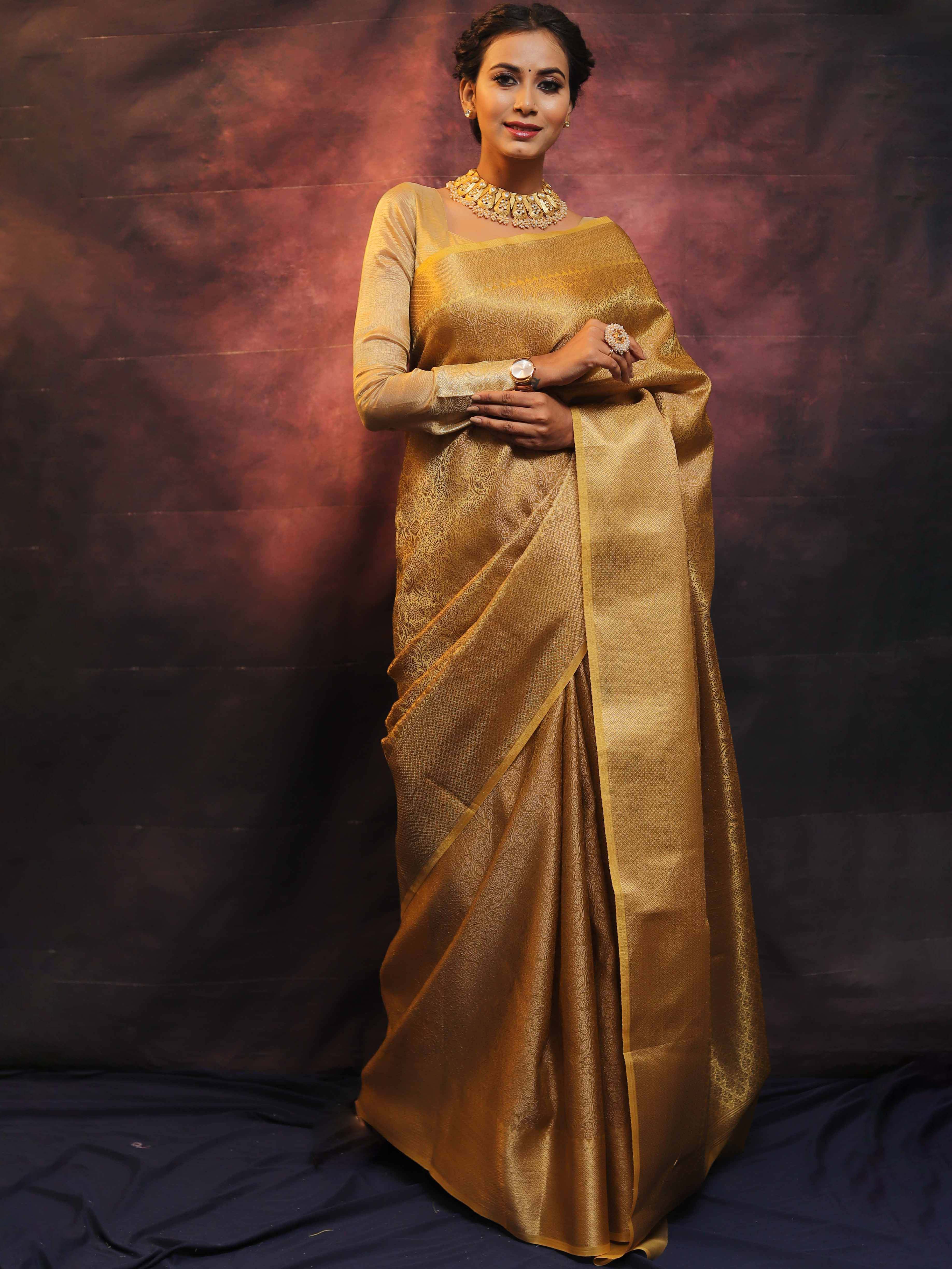 Banarasee Handwoven Tissue Tanchoi Zari Border Saree-Gold