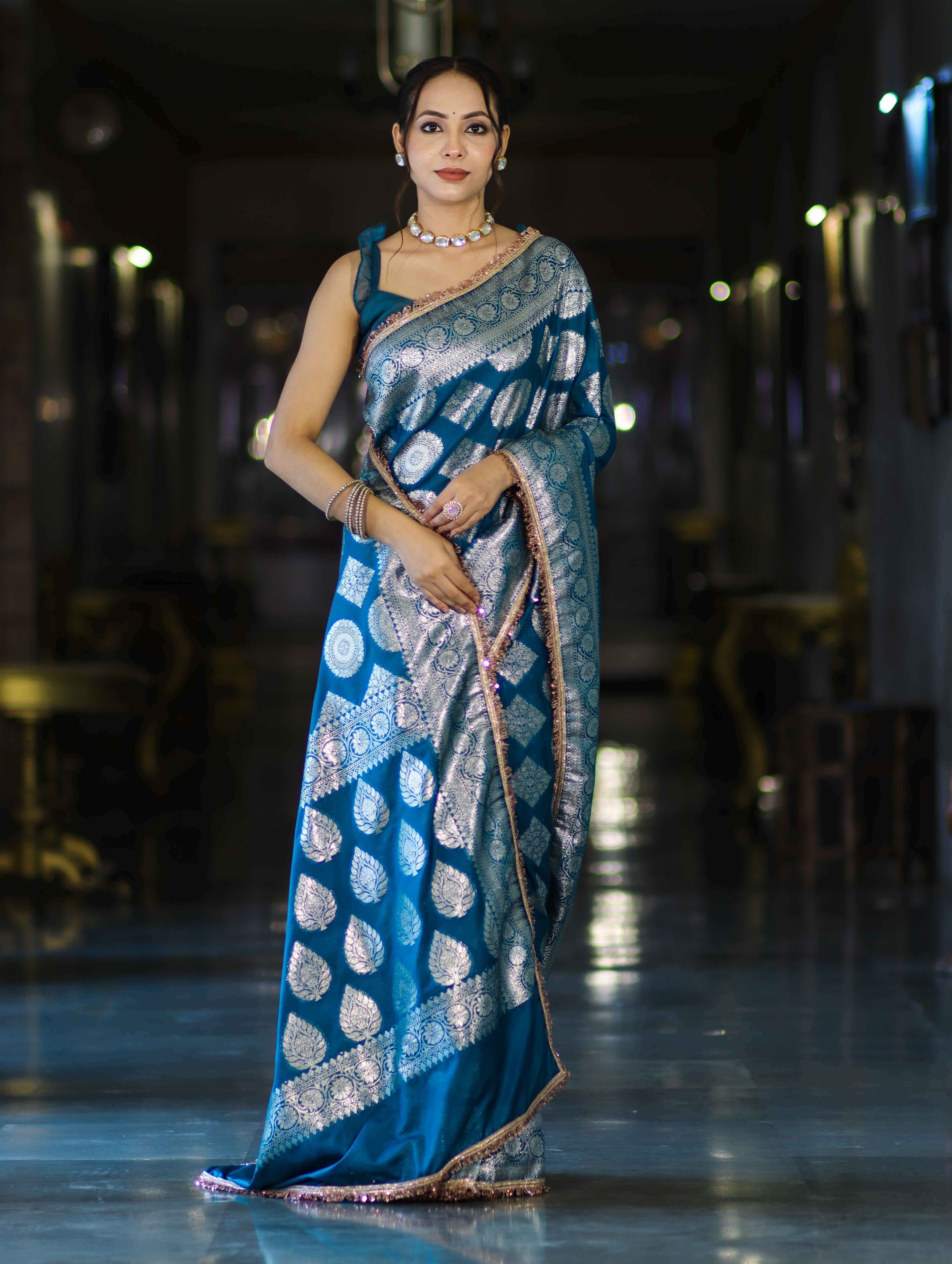 Banarasee Handloom Semi Silk Saree With Buta Design Zari Border & Lace-Teal Blue