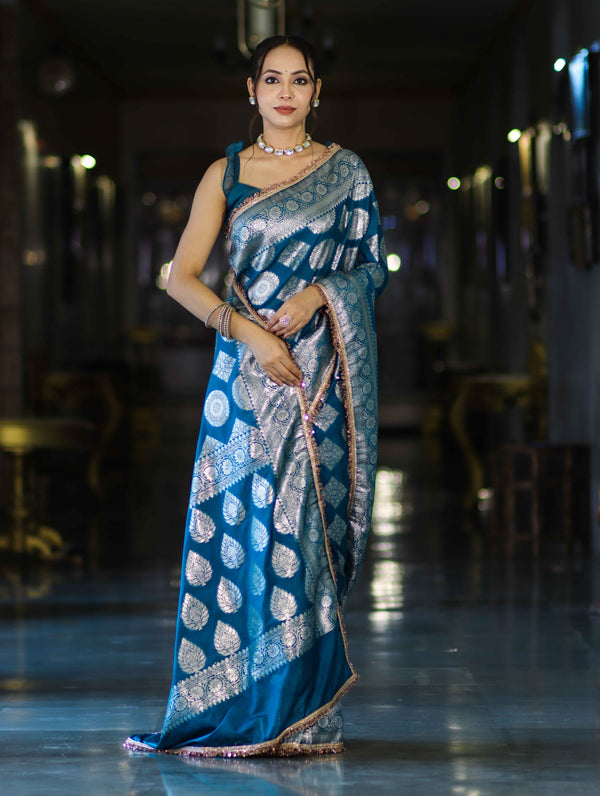 Banarasee Handloom Semi Silk Saree With Buta Design Zari Border & Lace-Teal Blue