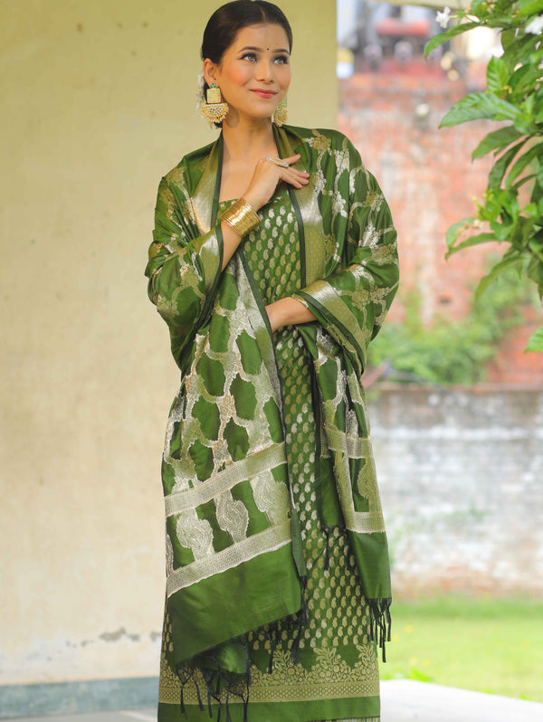 Banarasee Salwar Kameez Semi Katan Silk Fabric With Zari Work-Olive Green