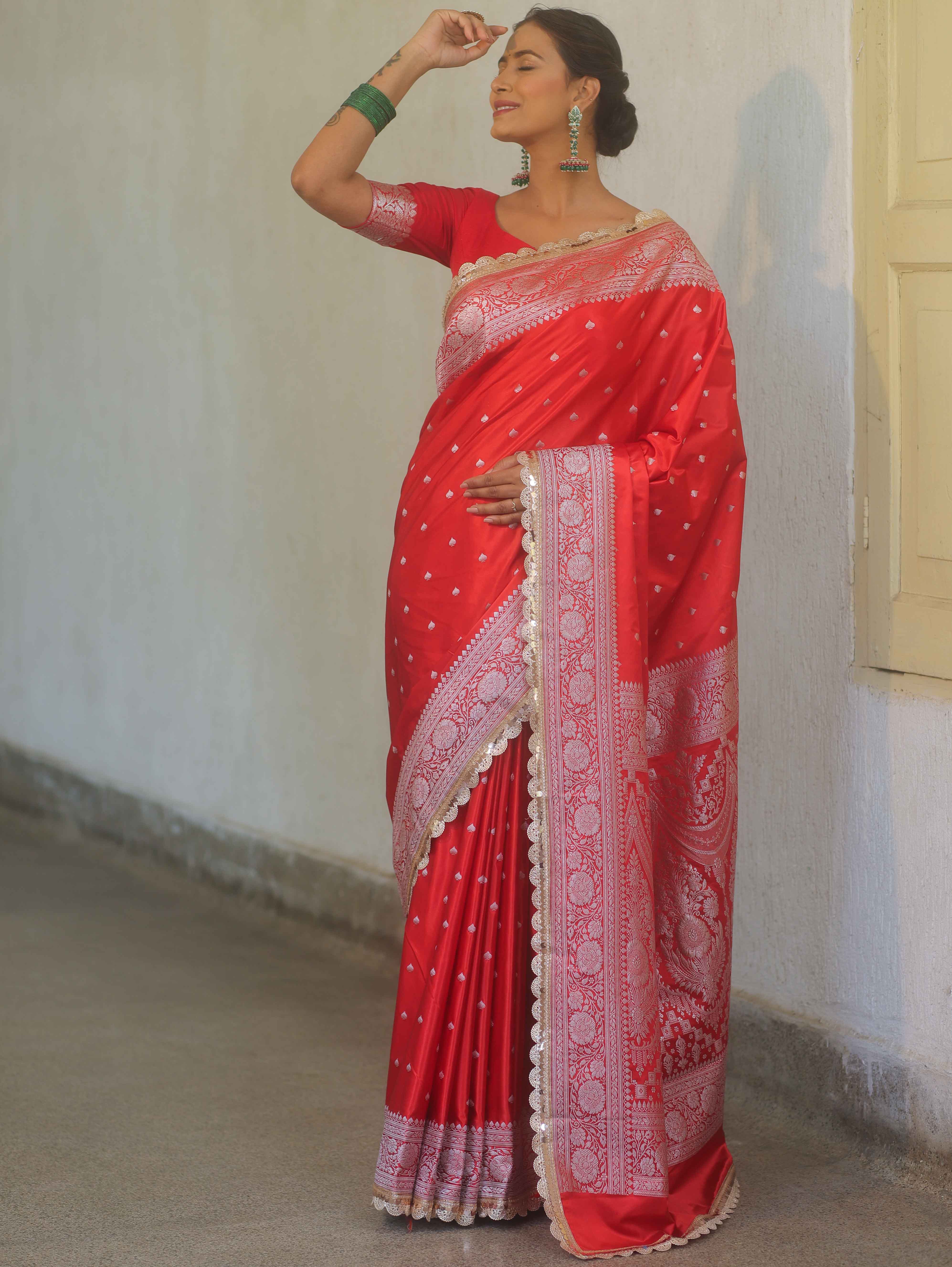 Banarasee Handloom Mashru Silk Saree Zari Border With Lace-Red