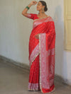 Banarasee Handloom Mashru Silk Saree Zari Border With Lace-Red