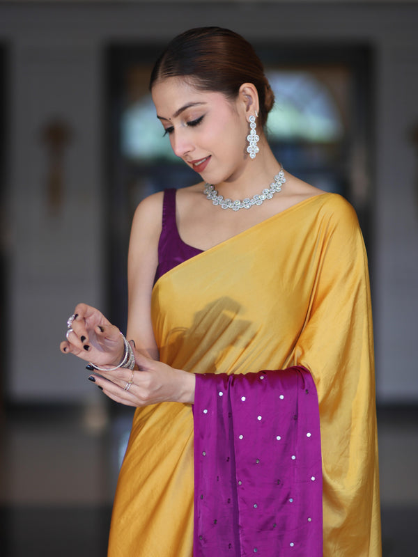 Banarasee Handloom Satin Hand Dyed Saree With Mirror Work-Mustard Yellow & Violet