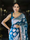 Banarasee Handloom Semi Silk Saree With Buta Design Zari Border & Lace-Teal Blue