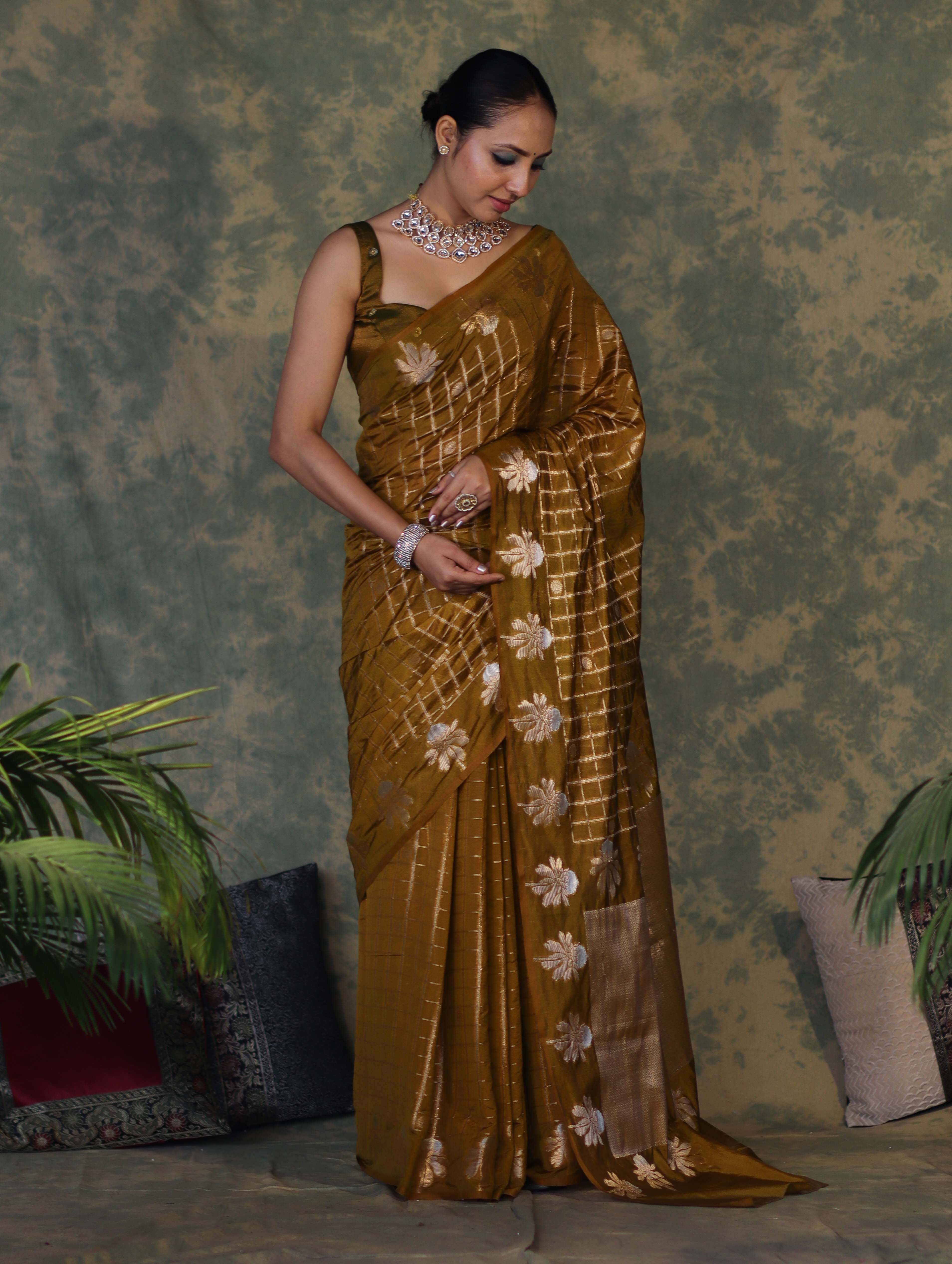 Banarasee Handloom Georgette Saree With Sona Rupa Zari Work & Checks Design-Dark Yellow