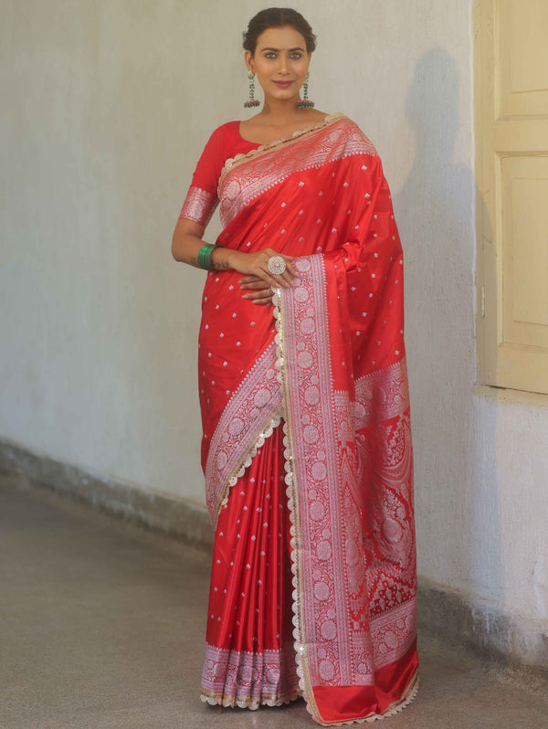 Banarasee Handloom Mashru Silk Saree Zari Border With Lace-Red