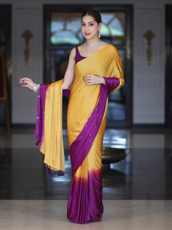 Banarasee Handloom Satin Hand Dyed Saree With Mirror Work-Mustard Yellow & Violet