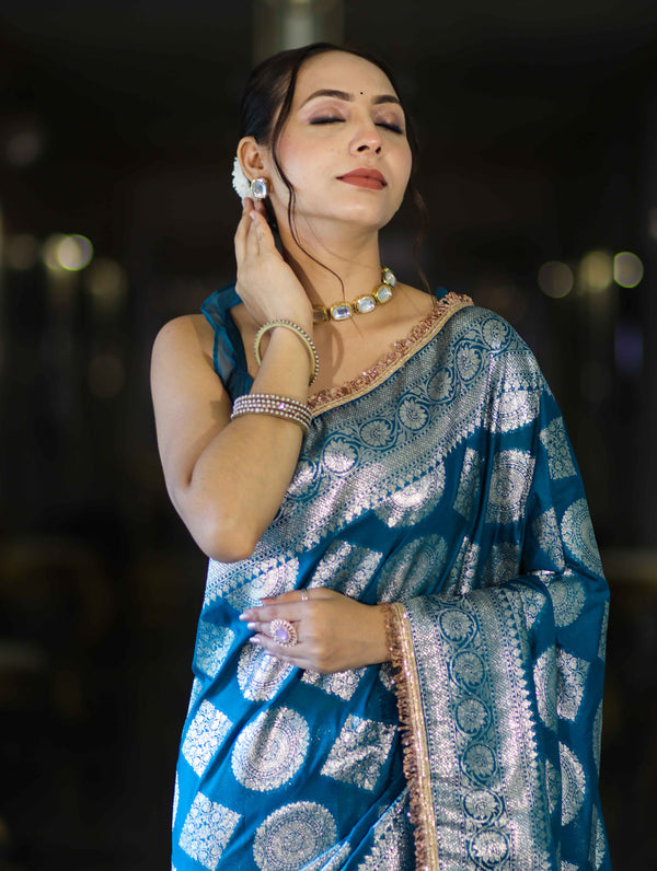 Banarasee Handloom Semi Silk Saree With Buta Design Zari Border & Lace-Teal Blue