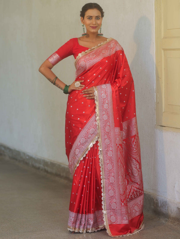 Banarasee Handloom Mashru Silk Saree Zari Border With Lace-Red