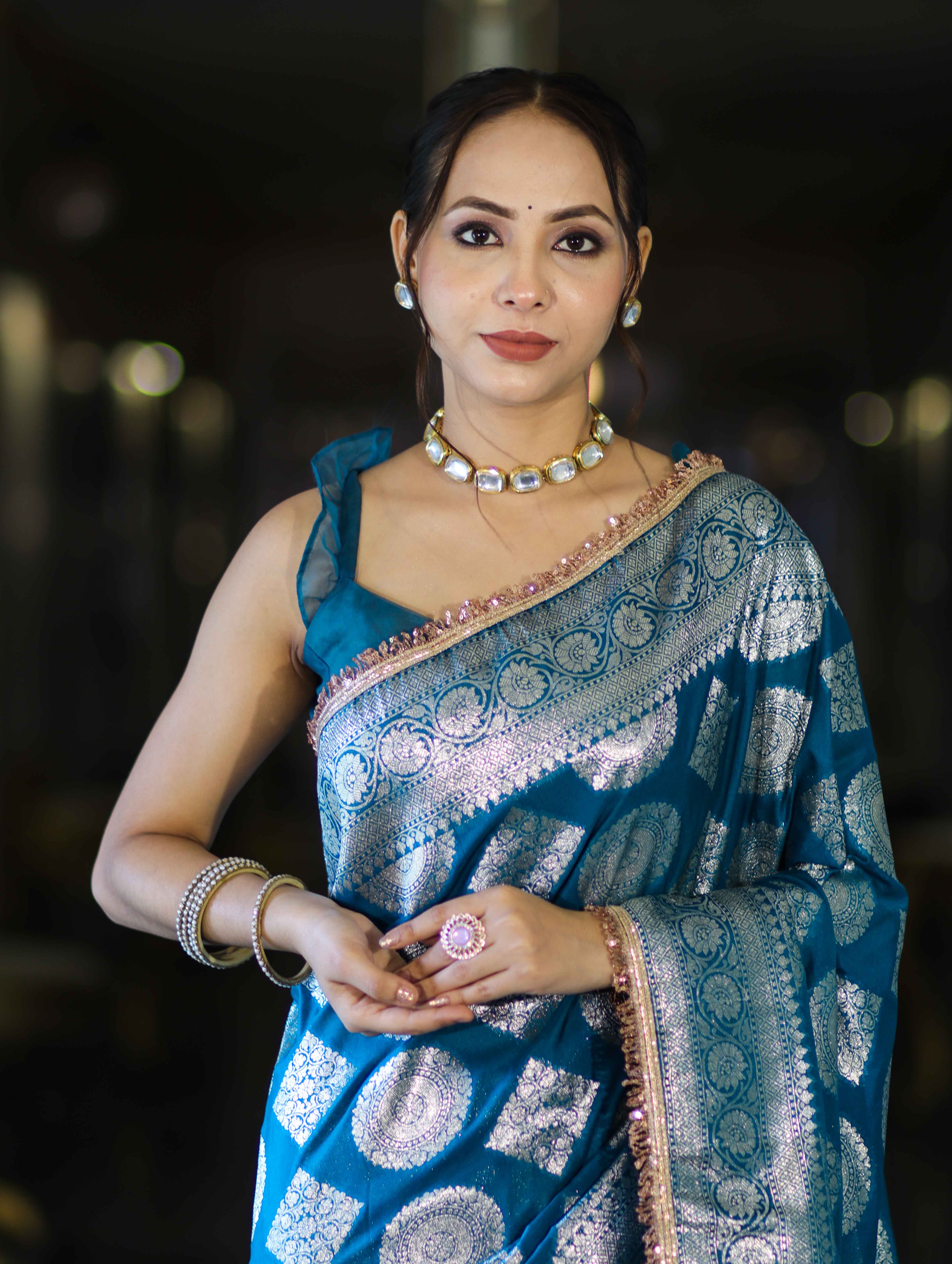 Banarasee Handloom Semi Silk Saree With Buta Design Zari Border & Lace-Teal Blue
