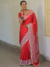 Banarasee Handloom Mashru Silk Saree Zari Border With Lace-Red