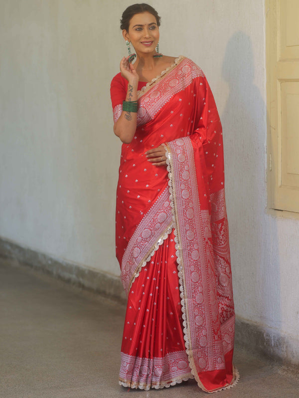 Banarasee Handloom Mashru Silk Saree Zari Border With Lace-Red