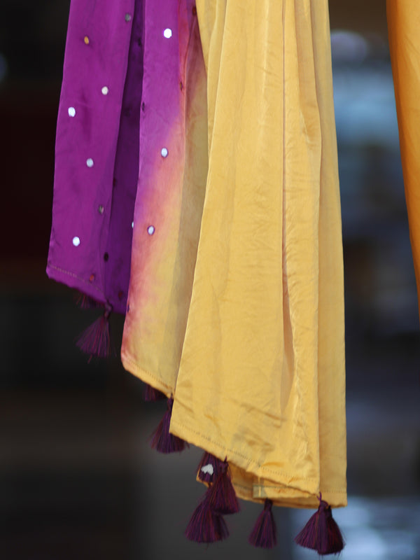 Banarasee Handloom Satin Hand Dyed Saree With Mirror Work-Mustard Yellow & Violet