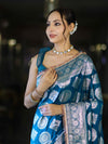 Banarasee Handloom Semi Silk Saree With Buta Design Zari Border & Lace-Teal Blue