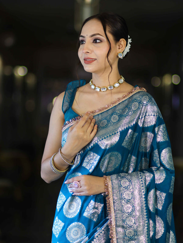 Banarasee Handloom Semi Silk Saree With Buta Design Zari Border & Lace-Teal Blue