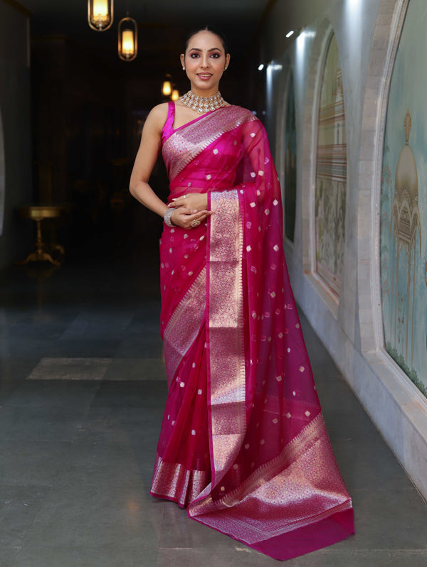 Banarasee Organza Mix Saree With Silver Zari Buti Design & Border-Pink