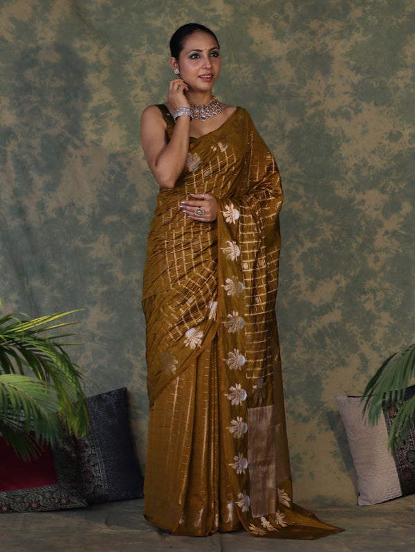 Banarasee Handloom Georgette Saree With Sona Rupa Zari Work & Checks Design-Dark Yellow
