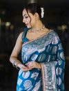 Banarasee Handloom Semi Silk Saree With Buta Design Zari Border & Lace-Teal Blue