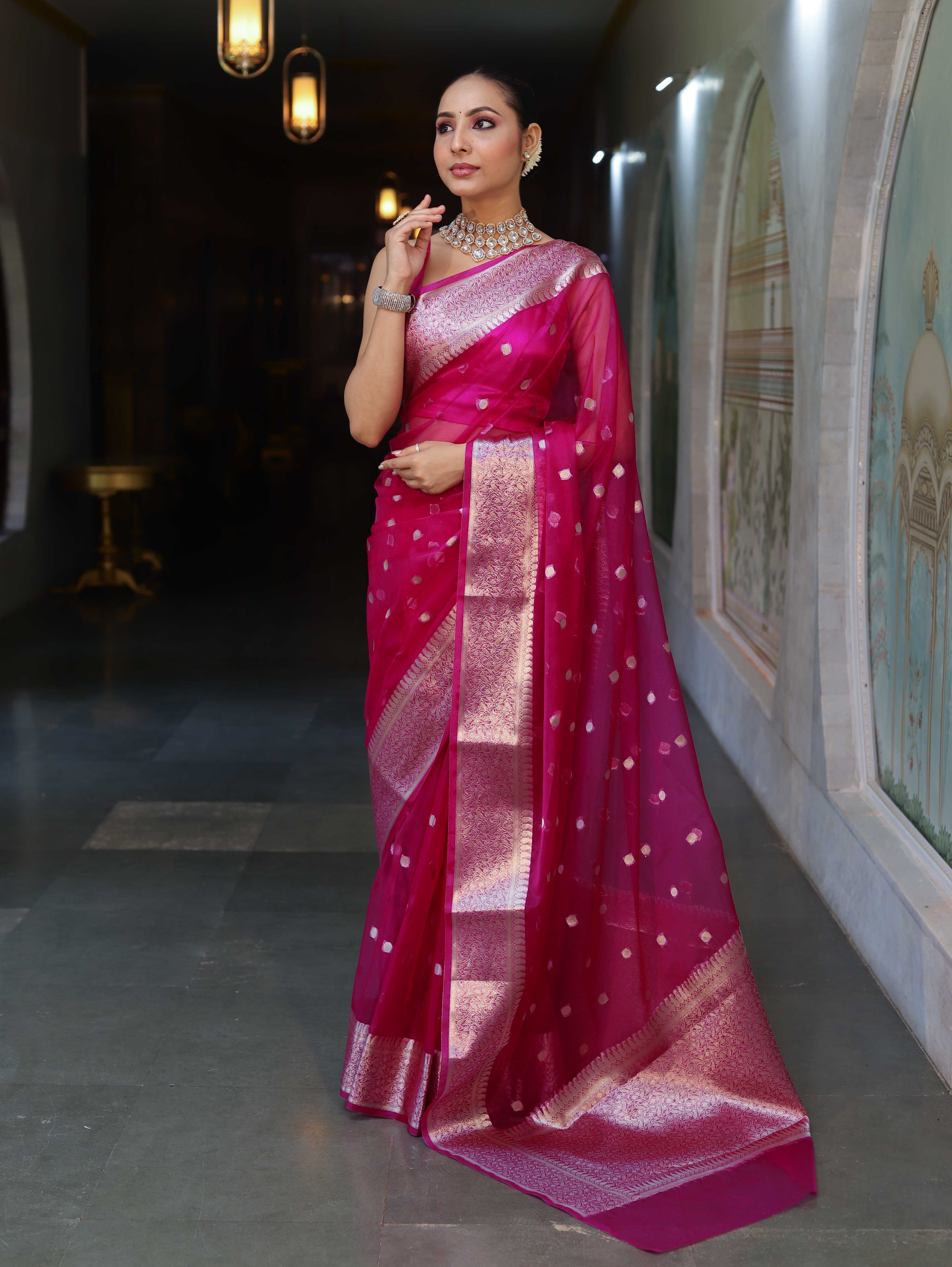 Banarasee Organza Mix Saree With Silver Zari Buti Design & Border-Pink