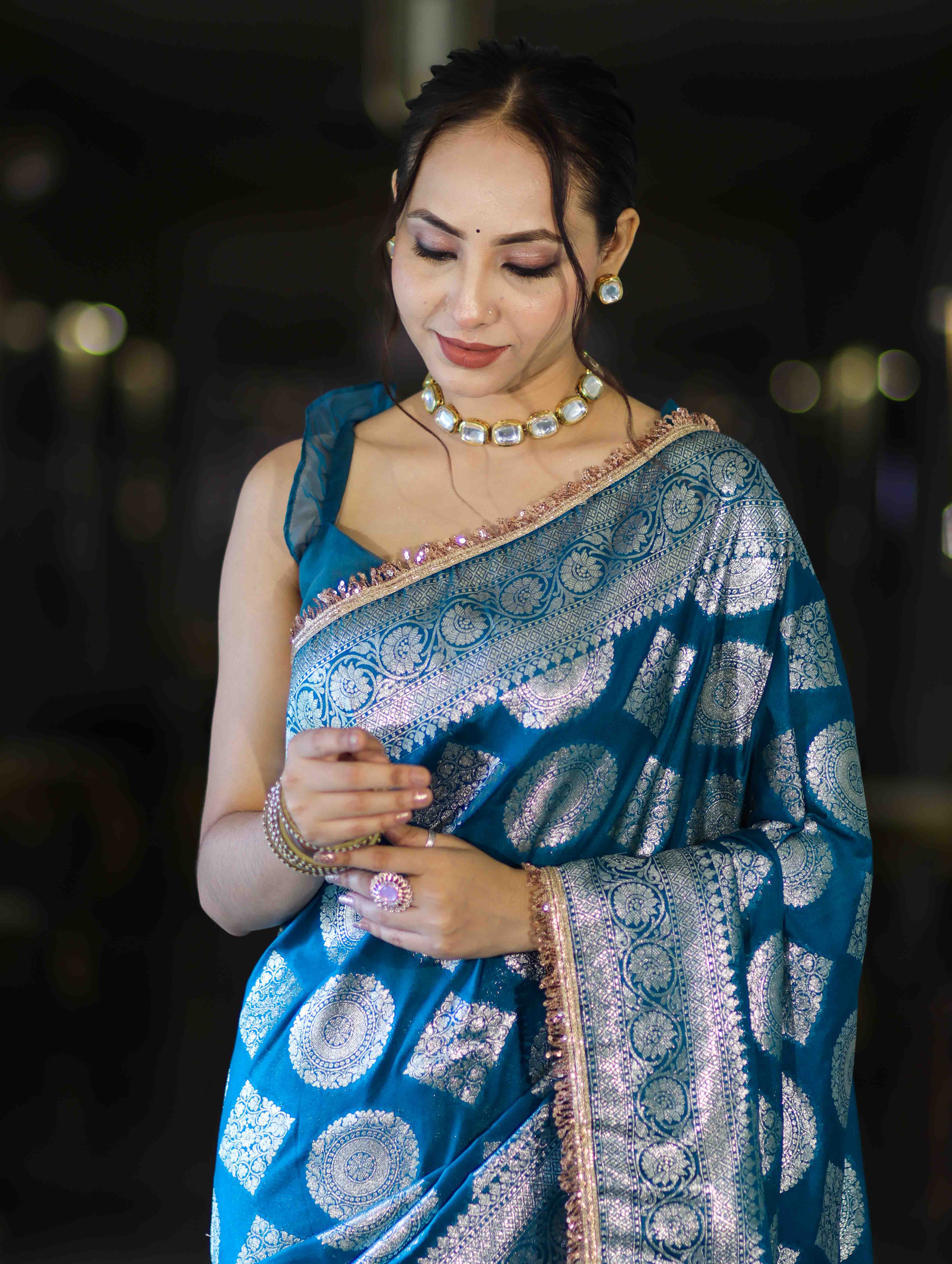 Banarasee Handloom Semi Silk Saree With Buta Design Zari Border & Lace-Teal Blue