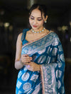 Banarasee Handloom Semi Silk Saree With Buta Design Zari Border & Lace-Teal Blue